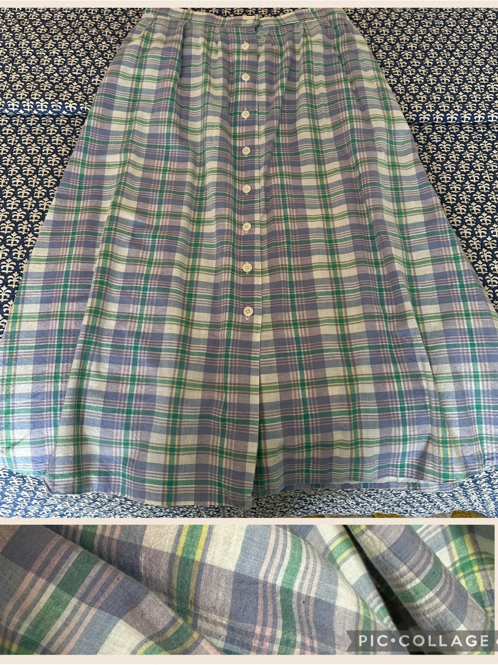 Vintage Button-Front Plaid Midi Skirt in Blue, Green & White
